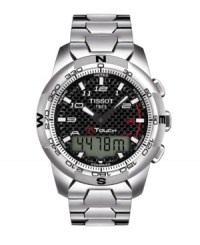An absolutely stunning timepiece, the Tissot T-Touch II effortlessly takes you from the boardroom to the track. Watch crafted from polished titanium bracelet and case. Turning bezel with cardinal directions and numerals in black. Black carbon dial features numerals, stick indices, luminous hands, alarm, compass, thermometer, altimeter and meteorological trend indicator. Swiss movement. Water resistant to 100 meters. Two-year limited warranty. An absolutely stunning timepiece, the Tissot T-Touch II effortlessly takes you from the boardroom to the track. Watch crafted from polished titanium bracelet and case. Turning bezel with cardinal directions and numerals in black. Black carbon dial features numerals, stick indices, luminous hands, alarm, compass, thermometer, altimeter and meteorological trend indicator. Swiss movement. Water resistant to 100 meters. Two-year limited warranty.
