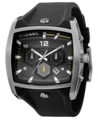 A thoroughly modern watch, with timeless functionality, from Diesel. Black silicone strap and square stainless steel case, 54x47mm. Black chronograph dial features three subdials, date window, logo and stick indices. Quartz movement. Water resistant to 100 meters. Two-year limited warranty. A thoroughly modern watch, with timeless functionality, from Diesel. Black silicone strap and square stainless steel case, 54x47mm. Black chronograph dial features three subdials, date window, logo and stick indices. Quartz movement. Water resistant to 100 meters. Two-year limited warranty.