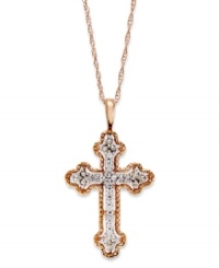 A sparkling representation of your faith. This beautiful cross pendant features round-cut diamonds (1/2 ct. t.w.) in 14k rose gold. Approximate length: 18 inches. Approximate drop: 1 inch. A sparkling representation of your faith. This beautiful cross pendant features round-cut diamonds (1/2 ct. t.w.) in 14k rose gold. Approximate length: 18 inches. Approximate drop: 1 inch.