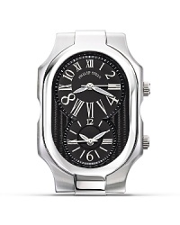 Interchangeable signature watch head from Philip Stein, featuring black dial and dual quartz movement. Interchangeable signature watch head from Philip Stein, featuring black dial and dual quartz movement.