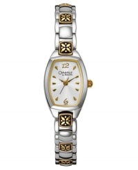 Rich details adorn this beautiful watch from Caravelle by Bulova, including floral engraved brackets crafted with antique charm. Two-tone mixed metal bracelet and cushion-shaped case. Cushion-shaped white dial with logo and stick indices. Quartz movement. Moisture resistant. Two-year limited warranty. Rich details adorn this beautiful watch from Caravelle by Bulova, including floral engraved brackets crafted with antique charm. Two-tone mixed metal bracelet and cushion-shaped case. Cushion-shaped white dial with logo and stick indices. Quartz movement. Moisture resistant. Two-year limited warranty.