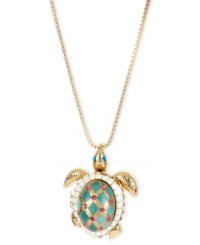 A little shell game is going on with this stylish pendant from Betsey Johnson. Open it up to reveal glass pearls and a turquoise-tone starfish. Crafted from gold-tone mixed metal with glass crystal accents. Approximate length: 30 inches + 3-inch extender. Approximate drop: 2 inches. A little shell game is going on with this stylish pendant from Betsey Johnson. Open it up to reveal glass pearls and a turquoise-tone starfish. Crafted from gold-tone mixed metal with glass crystal accents. Approximate length: 30 inches + 3-inch extender. Approximate drop: 2 inches.