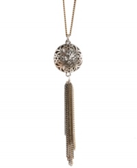 Inspire your look with culturally diverse styles. Lucky Brand's exquisite openwork pendant features a trendy tassel design in silver tone mixed metal. Approximate length: 30 inches + 2-inch extender. Approximate drop: 4-1/4 inches.