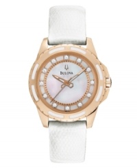 Timeless sophistication, by Bulova. Watch crafted of white lizard leather strap and round rose gold-plated stainless steel case. White enamel at bezel. White mother-of-pearl dial features diamond accents at markers, inner rose-gold tone ring with minute track, three hands and logo. Quartz movement. Water resistant to 30 meters. Three-year limited warranty. Timeless sophistication, by Bulova. Watch crafted of white lizard leather strap and round rose gold-plated stainless steel case. White enamel at bezel. White mother-of-pearl dial features diamond accents at markers, inner rose-gold tone ring with minute track, three hands and logo. Quartz movement. Water resistant to 30 meters. Three-year limited warranty.