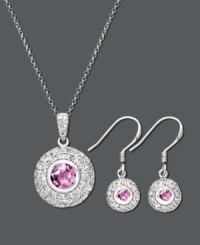 Exquisite elegance. This sparkling trio by Victoria Townsend will bring new life to an ordinary ensemble. Crafted in sterling silver, three circular drops feature vibrant round-cut amethyst (2-1/3 ct. t.w.) with a halo of sparkling diamond accents. Approximate length: 18 inches. Approximate pendant drop: 1 inch. Approximate earring drop: 1-1/8 inches. Exquisite elegance. This sparkling trio by Victoria Townsend will bring new life to an ordinary ensemble. Crafted in sterling silver, three circular drops feature vibrant round-cut amethyst (2-1/3 ct. t.w.) with a halo of sparkling diamond accents. Approximate length: 18 inches. Approximate pendant drop: 1 inch. Approximate earring drop: 1-1/8 inches.
