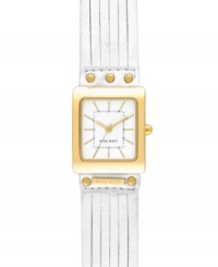 Lighten up with the golden shine of this refined and feminine Nine West watch. Crafted of white cut leather strap and square gold tone mixed metal case. White dial features gold tone applied stick indices, minute track, gold tone hour and minute hands, sweeping second hand and logo at six o'clock. Quartz movement. Limited Lifetime Warranty. Lighten up with the golden shine of this refined and feminine Nine West watch. Crafted of white cut leather strap and square gold tone mixed metal case. White dial features gold tone applied stick indices, minute track, gold tone hour and minute hands, sweeping second hand and logo at six o'clock. Quartz movement. Limited Lifetime Warranty.