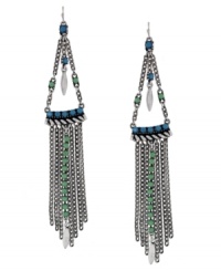 Silver-plated chains and sea-inspired turquoise accents give these Jessica Simpson chandelier earrings a fun yet sophisticated allure. Approximate drop: 6 inches. Silver-plated chains and sea-inspired turquoise accents give these Jessica Simpson chandelier earrings a fun yet sophisticated allure. Approximate drop: 6 inches.