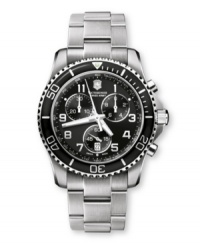Stand and be heard with this boldly masculine Maverik GS chronograph watch by Victorinox Swiss Army. Stainless steel bracelet and round case. Black unidirectional rotating bezel with count-up scale in white holds anti-reflective sapphire crystal. Black chronograph dial features tachymeter scale at outer ring, white numerals at markers, date window at six o'clock, three subdials, luminous hands and logo at twelve o'clock. Swiss quartz movement. Water resistant to 100 meters. Three-year limited warranty. Stand and be heard with this boldly masculine Maverik GS chronograph watch by Victorinox Swiss Army. Stainless steel bracelet and round case. Black unidirectional rotating bezel with count-up scale in white holds anti-reflective sapphire crystal. Black chronograph dial features tachymeter scale at outer ring, white numerals at markers, date window at six o'clock, three subdials, luminous hands and logo at twelve o'clock. Swiss quartz movement. Water resistant to 100 meters. Three-year limited warranty.