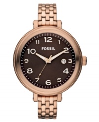An oversized dial and slim stainless steel bracelet set the table for rosy hues on this Bridgette collection watch from Fossil. An oversized dial and slim stainless steel bracelet set the table for rosy hues on this Bridgette collection watch from Fossil.