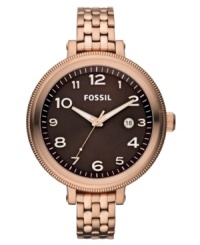 An oversized dial and slim stainless steel bracelet set the table for rosy hues on this Bridgette collection watch from Fossil.