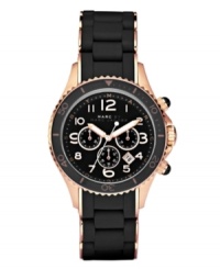 Edgy attitude with a soft side. Marc by Marc Jacobs juxtaposes jet black and warm rose on this trend-right watch. Black silicone-wrapped rose gold ion-plated stainless steel bracelet and round case. Black bezel with numerals. Black chronograph dial features logo ring, minute track, white numerals, date window, three subdials and luminous hands. Quartz movement. Water resistant to 50 meters. Two-year limited warranty. Edgy attitude with a soft side. Marc by Marc Jacobs juxtaposes jet black and warm rose on this trend-right watch. Black silicone-wrapped rose gold ion-plated stainless steel bracelet and round case. Black bezel with numerals. Black chronograph dial features logo ring, minute track, white numerals, date window, three subdials and luminous hands. Quartz movement. Water resistant to 50 meters. Two-year limited warranty.