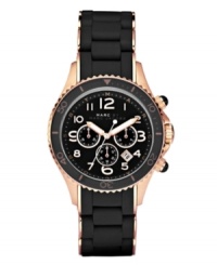 Edgy attitude with a soft side. Marc by Marc Jacobs juxtaposes jet black and warm rose on this trend-right watch. Black silicone-wrapped rose gold ion-plated stainless steel bracelet and round case. Black bezel with numerals. Black chronograph dial features logo ring, minute track, white numerals, date window, three subdials and luminous hands. Quartz movement. Water resistant to 50 meters. Two-year limited warranty.