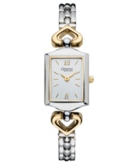 Signature style from Caravelle by Bulova. Silver tone mixed metal bracelet with unique gold tone links and rectangular case. Brushed silver tone dial features gold tone numerals at twelve and six o'clock, stick indices, three hands and logo. Quartz movement. Moisture resistant. Two-year limited warranty. Signature style from Caravelle by Bulova. Silver tone mixed metal bracelet with unique gold tone links and rectangular case. Brushed silver tone dial features gold tone numerals at twelve and six o'clock, stick indices, three hands and logo. Quartz movement. Moisture resistant. Two-year limited warranty.