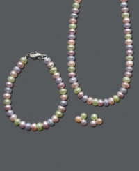 A set of perfect pearls is a timeless gift for that special little girl in your life. Fresh by Honora presents a remarkable pastel multicolor cultured freshwater pearl (5-6 mm) set which includes a pearl strand necklace, a pearl strand bracelet, and a three-pearl pair of post earrings. Jewelry set crafted in sterling silver. Approximate necklace length: 15 inches. Approximate bracelet length: 6 inches. Approximate earring diameter: 1/4 inch. A set of perfect pearls is a timeless gift for that special little girl in your life. Fresh by Honora presents a remarkable pastel multicolor cultured freshwater pearl (5-6 mm) set which includes a pearl strand necklace, a pearl strand bracelet, and a three-pearl pair of post earrings. Jewelry set crafted in sterling silver. Approximate necklace length: 15 inches. Approximate bracelet length: 6 inches. Approximate earring diameter: 1/4 inch.