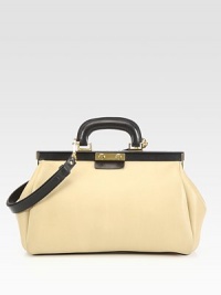 A polished design in supple leather with contrast trim.Top handles, 3 dropDetachable shoulder strap, 24 dropPush-lock closureFully lined13W X 8¼H X 5DMade in Italy A polished design in supple leather with contrast trim.Top handles, 3 dropDetachable shoulder strap, 24 dropPush-lock closureFully lined13W X 8¼H X 5DMade in Italy