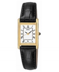 A watch with a refined & stately look, by Seiko. Black croc-embossed leather strap and rectangular goldtone stainless steel case. White dial with black Roman numerals and logo. Quartz movement. Water resistant to 30 meters. Three-year limited warranty. A watch with a refined & stately look, by Seiko. Black croc-embossed leather strap and rectangular goldtone stainless steel case. White dial with black Roman numerals and logo. Quartz movement. Water resistant to 30 meters. Three-year limited warranty.