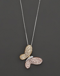 A blend of white, yellow and rose gold bring a blush of luxurious color to this beautiful diamond butterfly pendant. A blend of white, yellow and rose gold bring a blush of luxurious color to this beautiful diamond butterfly pendant.