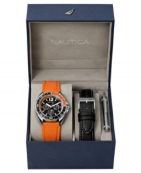 A quick strap switch gives this handsome Nautica watch an entirely new look and feel. Choose a smooth black leather strap or orange polyurethane strap with a round stainless steel case. Gray multifunctional dial with silvertone stick indices, logo and three subdials. Analog movement. Water resistant to 100 meters. Five-year limited warranty. A quick strap switch gives this handsome Nautica watch an entirely new look and feel. Choose a smooth black leather strap or orange polyurethane strap with a round stainless steel case. Gray multifunctional dial with silvertone stick indices, logo and three subdials. Analog movement. Water resistant to 100 meters. Five-year limited warranty.