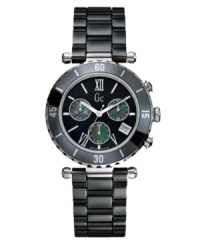 An iconic style with the functionality of a sports watch. This Gc Swiss Made Timepieces watch features a high-tech black ceramic bracelet with a deployment clasp and two-side pushers. Polished stainless steel and ceramic case. Black ceramic bezel. Black chronograph mother-of-pearl dial with logo, date window, three subdials and silvertone roman numerals. Swiss quartz movement. Swiss made. Water resistant to 100 meters. Ten-year limited warranty. Luxury Gc gift box packaging included. An iconic style with the functionality of a sports watch. This Gc Swiss Made Timepieces watch features a high-tech black ceramic bracelet with a deployment clasp and two-side pushers. Polished stainless steel and ceramic case. Black ceramic bezel. Black chronograph mother-of-pearl dial with logo, date window, three subdials and silvertone roman numerals. Swiss quartz movement. Swiss made. Water resistant to 100 meters. Ten-year limited warranty. Luxury Gc gift box packaging included.