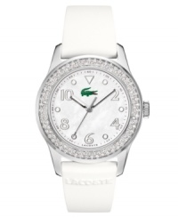 Athletic glamour is not a contradiction. Advantage watch by Lacoste crafted of white rubber logo-stamped strap and round stainless steel case. Bezel embellished with crystal accents. White mother-of-pearl dial features silver tone numerals and dot markers, minute track, three hands and iconic crocodile logo. Quartz movement. Water resistant to 50 meters. Two-year limited warranty.