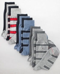 A blend of cotton, spandex, and polyester fabrics provide the ultimate hug for your foot. The Tommy Hilfiger logo accents the top of this 4 pack of striped and solid socks. A blend of cotton, spandex, and polyester fabrics provide the ultimate hug for your foot. The Tommy Hilfiger logo accents the top of this 4 pack of striped and solid socks.