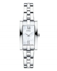 Clean and contemporary, the Linque watch by ESQ by Movado showcases a lustrous dial. Stainless steel bracelet and rectangular case. Mother-of-pearl dial features silver tone Roman numerals at twelve and six o'clock, two hands and logo. Swiss quartz movement. Water resistant to 30 meters. Two-year limited warranty. Clean and contemporary, the Linque watch by ESQ by Movado showcases a lustrous dial. Stainless steel bracelet and rectangular case. Mother-of-pearl dial features silver tone Roman numerals at twelve and six o'clock, two hands and logo. Swiss quartz movement. Water resistant to 30 meters. Two-year limited warranty.