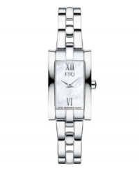 Clean and contemporary, the Linque watch by ESQ by Movado showcases a lustrous dial. Stainless steel bracelet and rectangular case. Mother-of-pearl dial features silver tone Roman numerals at twelve and six o'clock, two hands and logo. Swiss quartz movement. Water resistant to 30 meters. Two-year limited warranty.