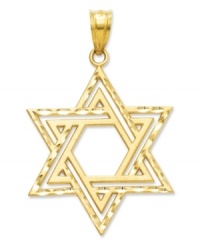 Commemorate your faith. This intricate cut-out Star of David makes the perfect symbolic gift. Crafted in 14k gold. Chain not included. Approximate length: 1-1/2 inches. Approximate width: 1 inch. Commemorate your faith. This intricate cut-out Star of David makes the perfect symbolic gift. Crafted in 14k gold. Chain not included. Approximate length: 1-1/2 inches. Approximate width: 1 inch.