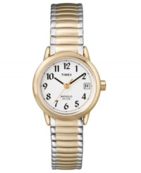 Count the minutes with timeless style. This Timex watch features a goldtone and silvertone stainless steel bracelet and round case. White dial with black numerals, logo and date window. Analog movement. Water resistant to 30 meters. One-year limited warranty. Count the minutes with timeless style. This Timex watch features a goldtone and silvertone stainless steel bracelet and round case. White dial with black numerals, logo and date window. Analog movement. Water resistant to 30 meters. One-year limited warranty.