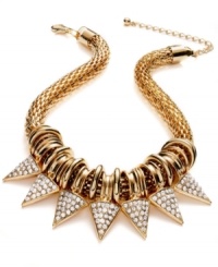 Stay sharp with this statement necklace from Bar III. Crafted from gold-tone mixed metal, the necklace sports spikes with glass crystal accents adorning them for a lustrous edge. Approximate length: 17 inches + 4-inch extender. Approximate drop: 1 inch. Stay sharp with this statement necklace from Bar III. Crafted from gold-tone mixed metal, the necklace sports spikes with glass crystal accents adorning them for a lustrous edge. Approximate length: 17 inches + 4-inch extender. Approximate drop: 1 inch.