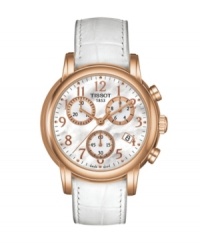 Stand out from the crowd with the rich texture and crisp white of this Dress Sport watch by Tissot. White leather croc-embossed strap and round rose goldtone PVD stainless steel case. White mother-of-pearl chronograph dial features rose goldtone numerals, date window at four o'clock, three subdials and black logo. Swiss movement. Water resistant to 30 meters. Two-year limited warranty. Stand out from the crowd with the rich texture and crisp white of this Dress Sport watch by Tissot. White leather croc-embossed strap and round rose goldtone PVD stainless steel case. White mother-of-pearl chronograph dial features rose goldtone numerals, date window at four o'clock, three subdials and black logo. Swiss movement. Water resistant to 30 meters. Two-year limited warranty.