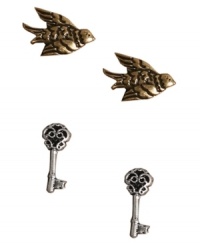 Petite perfection. Lucky Brand's chic stud earrings set combines gold tone birds and silver tone keys in mixed metal. Approximate diameter (bird): 1/3 inch. Approximate drop (key): 5/8 inch. Petite perfection. Lucky Brand's chic stud earrings set combines gold tone birds and silver tone keys in mixed metal. Approximate diameter (bird): 1/3 inch. Approximate drop (key): 5/8 inch.