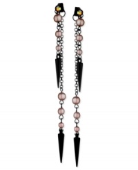 A spike in interest and appeal. This pair of linear earrings from GUESS is crafted from sprayed-jet-tone mixed metal with lavender glass pearls and spikes adding an edge. Crafted from sprayed-jet-tone mixed metal, Approximate drop: 4 inches. A spike in interest and appeal. This pair of linear earrings from GUESS is crafted from sprayed-jet-tone mixed metal with lavender glass pearls and spikes adding an edge. Crafted from sprayed-jet-tone mixed metal, Approximate drop: 4 inches.