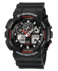 Time for tough style. This ultra-durable watch by G-Shock features a black resin strap and round case. Shock-resistant, analog-digital dial features three subdials, two digital windows, auto LED light, world time, daily alarm with snooze, countdown timer and speed timer. Quartz movement. Water resistant to 200 meters. One-year limited warranty. Time for tough style. This ultra-durable watch by G-Shock features a black resin strap and round case. Shock-resistant, analog-digital dial features three subdials, two digital windows, auto LED light, world time, daily alarm with snooze, countdown timer and speed timer. Quartz movement. Water resistant to 200 meters. One-year limited warranty.