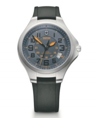 Orange accents add energy to this rugged Base Camp watch by Victorinox Swiss Army. Black silicone strap and round stainless steel case with hardened mineral crystal. Blue dial with applied black numerals, orange stick indices, minute track, military time, date window at four o'clock, luminous orange hands and logo. Swiss quartz movement. Water resistant to 100 meters. Three-year limited warranty. Orange accents add energy to this rugged Base Camp watch by Victorinox Swiss Army. Black silicone strap and round stainless steel case with hardened mineral crystal. Blue dial with applied black numerals, orange stick indices, minute track, military time, date window at four o'clock, luminous orange hands and logo. Swiss quartz movement. Water resistant to 100 meters. Three-year limited warranty.