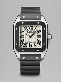 Stainless steel case with rubber strap and covering on steel bezel. Octagonal crown set with faceted rubber detail Silvered opaline dial Second hand Roman numerals Adjustable deployant buckle Made in Switzerland Stainless steel case with rubber strap and covering on steel bezel. Octagonal crown set with faceted rubber detail Silvered opaline dial Second hand Roman numerals Adjustable deployant buckle Made in Switzerland