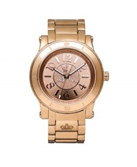 Opulence you can rely on. This HRH watch by Juicy Couture is crafted of rose-gold tone stainless steel bracelet and round case with logo-etched bezel. Rose-gold tone dial with textured inner dial features applied numerals and stick markers, minute track, luminous hands and iconic crown logo. Quartz movement. Water resistant to 30 meters. Two-year limited warranty. Opulence you can rely on. This HRH watch by Juicy Couture is crafted of rose-gold tone stainless steel bracelet and round case with logo-etched bezel. Rose-gold tone dial with textured inner dial features applied numerals and stick markers, minute track, luminous hands and iconic crown logo. Quartz movement. Water resistant to 30 meters. Two-year limited warranty.