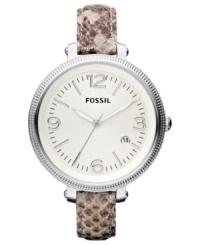 A biting snake print adds sass to your style with this Heather collection watch, by Fossil. A biting snake print adds sass to your style with this Heather collection watch, by Fossil.