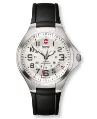 Iconic style appreciated around the world. This Victorinox Swiss Army watch features a black rubber strap and round stainless steel case. Silvertone dial with black numerals, luminous hands, logo, date window and screw-in caseback. Swiss movement. Water resistant to 100 meters. Three-year limited warranty. Iconic style appreciated around the world. This Victorinox Swiss Army watch features a black rubber strap and round stainless steel case. Silvertone dial with black numerals, luminous hands, logo, date window and screw-in caseback. Swiss movement. Water resistant to 100 meters. Three-year limited warranty.