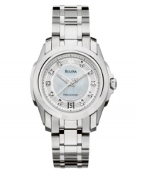 Crisp lines of steel and diamond accents create effortlessly cool elegance. Bulova's Precisionist collection watch features a continuously sweeping second hand to keep time accurate to ten seconds a year. Round stainless steel case and bracelet. White mother-of-pearl dial with applied index features luminous hour and minute hands, diamond accents at markers, date window at six o'clock and logo. Quartz movement. Water resistant to 30 meters. Three-year limited warranty. Crisp lines of steel and diamond accents create effortlessly cool elegance. Bulova's Precisionist collection watch features a continuously sweeping second hand to keep time accurate to ten seconds a year. Round stainless steel case and bracelet. White mother-of-pearl dial with applied index features luminous hour and minute hands, diamond accents at markers, date window at six o'clock and logo. Quartz movement. Water resistant to 30 meters. Three-year limited warranty.