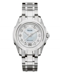 Crisp lines of steel and diamond accents create effortlessly cool elegance. Bulova's Precisionist collection watch features a continuously sweeping second hand to keep time accurate to ten seconds a year. Round stainless steel case and bracelet. White mother-of-pearl dial with applied index features luminous hour and minute hands, diamond accents at markers, date window at six o'clock and logo. Quartz movement. Water resistant to 30 meters. Three-year limited warranty.