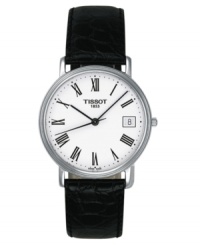 Distinguished and handsome, this men's watch from Tissot is timeless in style. Croc-embossed black leather strap. Round silvertone stainless steel case and round white dial with logo, date window and roman numeral indices. Quartz movement. Water resistant to 30 meters. Two-year limited warranty. Distinguished and handsome, this men's watch from Tissot is timeless in style. Croc-embossed black leather strap. Round silvertone stainless steel case and round white dial with logo, date window and roman numeral indices. Quartz movement. Water resistant to 30 meters. Two-year limited warranty.