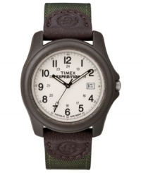 Blaze a new trail. This Timex watch features a green and brown nylon strap and round brown resin case. White dial with black numerals, logo and date window. Analog movement. Water resistant to 30 meters. One-year limited warranty.