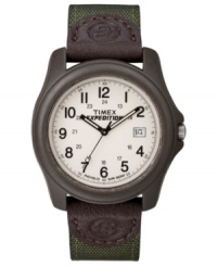 Blaze a new trail. This Timex watch features a green and brown nylon strap and round brown resin case. White dial with black numerals, logo and date window. Analog movement. Water resistant to 30 meters. One-year limited warranty. Blaze a new trail. This Timex watch features a green and brown nylon strap and round brown resin case. White dial with black numerals, logo and date window. Analog movement. Water resistant to 30 meters. One-year limited warranty.