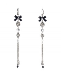 Get flirty and feminine with Betsey Johnson. Drop earrings feature bow charms accented by dangling chains, crystals, and glass stones. Approximate drop: 3-1/2 inches. Get flirty and feminine with Betsey Johnson. Drop earrings feature bow charms accented by dangling chains, crystals, and glass stones. Approximate drop: 3-1/2 inches.