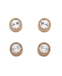 Double up on elegance and refinement. Swarovski's unique earring set includes two pairs of rose gold tone mixed metal pierced stud earrings. One pair sparkles in clear crystal while the other shimmers softly in Silk crystal. Approximate diameter: 1/2 inch. Double up on elegance and refinement. Swarovski's unique earring set includes two pairs of rose gold tone mixed metal pierced stud earrings. One pair sparkles in clear crystal while the other shimmers softly in Silk crystal. Approximate diameter: 1/2 inch.