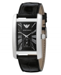 A classically handsome timepiece from Emporio Armani. Embossed black leather strap and stainless steel case. Black dial with logo, silvertone Roman numerals and subdial. Two hands. Quartz movement. Water resistant to 30 meters. Two-year limited warranty. A classically handsome timepiece from Emporio Armani. Embossed black leather strap and stainless steel case. Black dial with logo, silvertone Roman numerals and subdial. Two hands. Quartz movement. Water resistant to 30 meters. Two-year limited warranty.