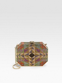 A rectangular shape coated in glittering crystals, finished with a polished clasp and versatile chain strap. Detachable chain shoulder strap, 9 dropPush-lock closureNappa leather lining5¾W X 4¼H X 1¼DMade in Italy A rectangular shape coated in glittering crystals, finished with a polished clasp and versatile chain strap. Detachable chain shoulder strap, 9 dropPush-lock closureNappa leather lining5¾W X 4¼H X 1¼DMade in Italy