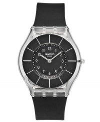 Leave nothing to the imagination with this transparent Black Classiness collection watch from Swatch. Leave nothing to the imagination with this transparent Black Classiness collection watch from Swatch.