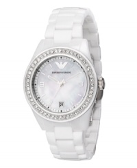 A twinkle in your eye and a shimmer on your wrist. Gleaming watch by Emporio Armani crafted of white ceramic bracelet and round stainless steel and ceramic case. Bezel crystallized with Swarovski elements. Mother-of-pearl dial features silver tone stick indices, numerals at three and nine o'clock, date window at six o'clock, logo at twelve o'clock and three hands. Quartz movement. Water resistant to 50 meters. Two-year limited warranty. A twinkle in your eye and a shimmer on your wrist. Gleaming watch by Emporio Armani crafted of white ceramic bracelet and round stainless steel and ceramic case. Bezel crystallized with Swarovski elements. Mother-of-pearl dial features silver tone stick indices, numerals at three and nine o'clock, date window at six o'clock, logo at twelve o'clock and three hands. Quartz movement. Water resistant to 50 meters. Two-year limited warranty.